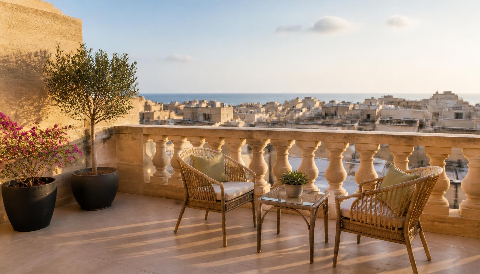 Terras met rieten stoelen, olijfboom en bougainville achter een kalkstenen balustrade met zicht over Maltese daken naar de zee