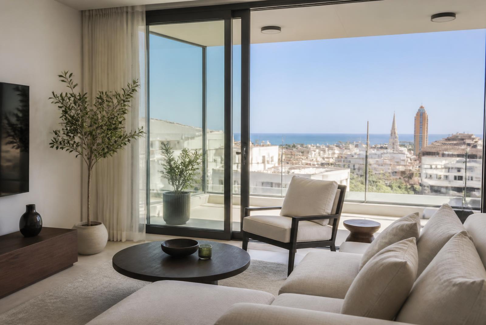Lichte woonkamer van een modern appartement in Sliema met schuifpui naar een balkon en uitzicht over de daken naar de Middellandse Zee